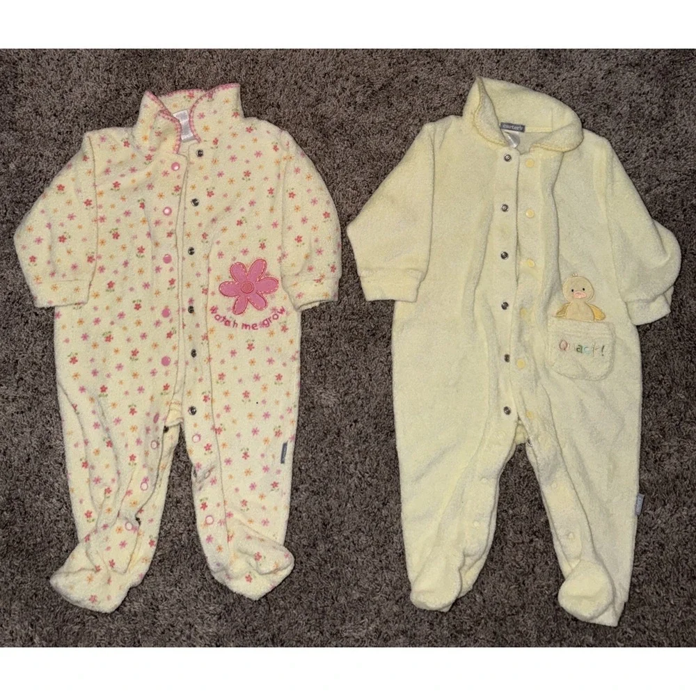 2 VTG Carter's Yellow Pink Flower Terry Cloth Sleeper's Quack/Watch Me Grow 3-6M - Picture 2 of 7